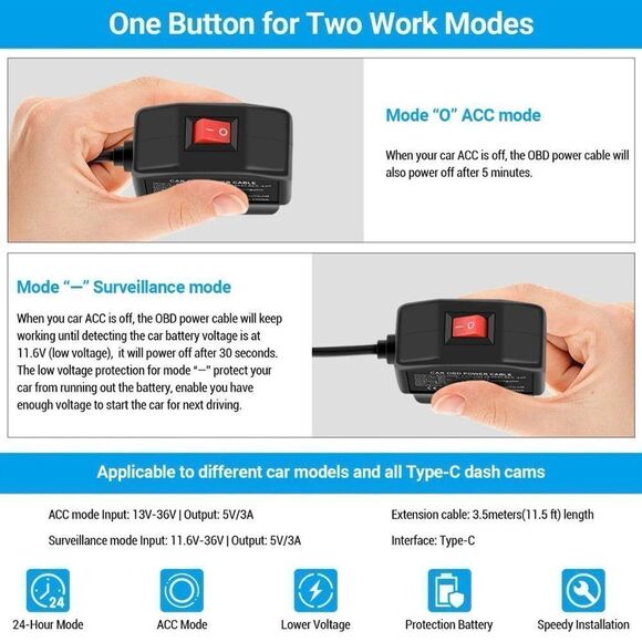 Power Cable For Dash Camera OBD To Type-C USB OBD2 Charger Cable Two Modes NIB - Picture 5 of 7